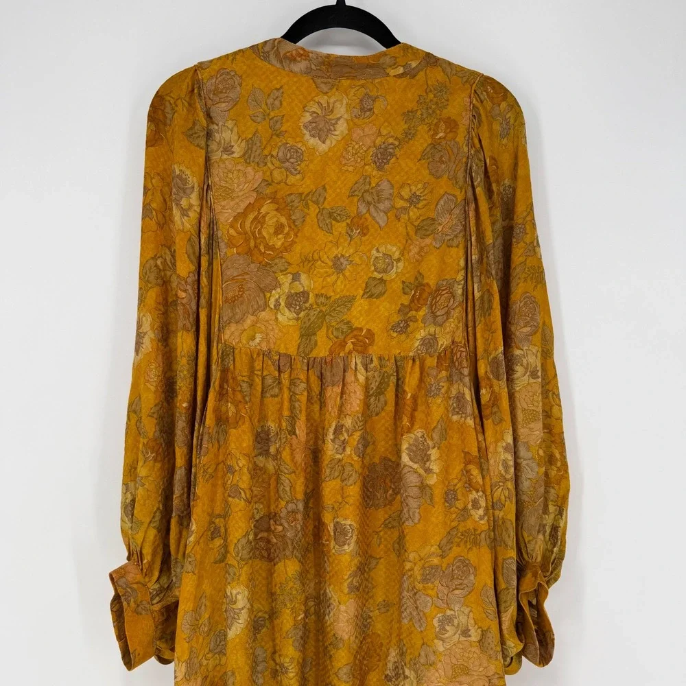 SISSEL EDELBO 100% SILK ONE SIZE MINI DRESS GOLDEN FLORAL OVERSIZED BOHO FAIRY‎